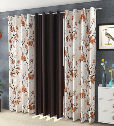 3 Piece Eyelet Long Door Curtain Set - 9 Feet (Brown)