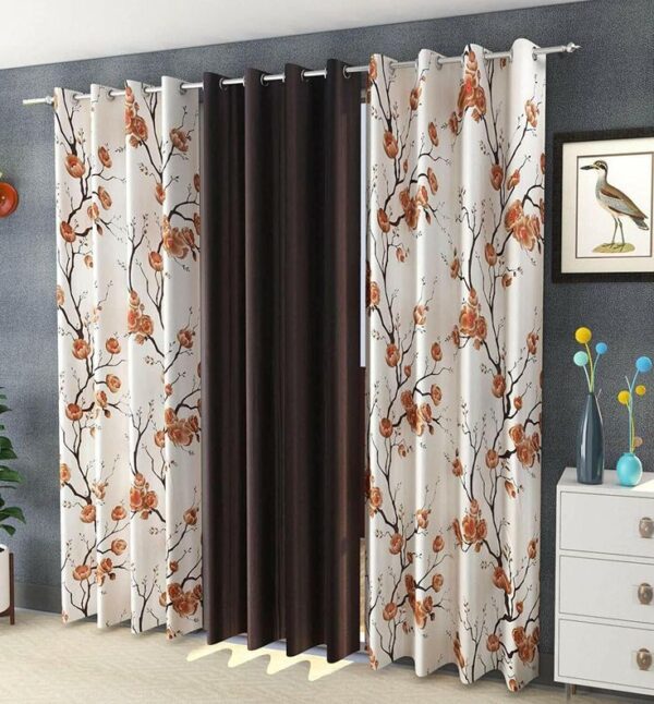 3 Piece Eyelet Long Door Curtain Set - 9 Feet (Brown)
