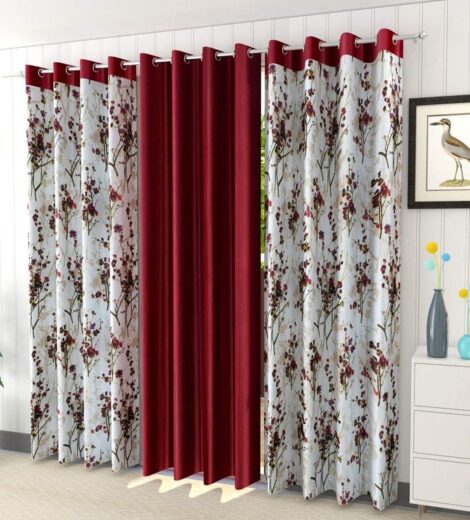 3 Piece Floral Shaded Grommet Ring Top Door/Window Curtains Set - 5 Feet (Maroon)