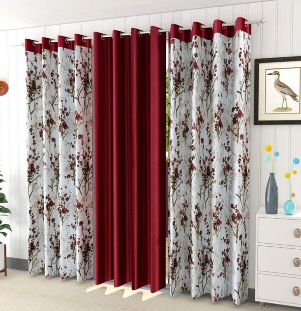 3 Piece Floral Shaded Grommet Ring Top Door/Window Curtains Set - 5 Feet (Maroon)